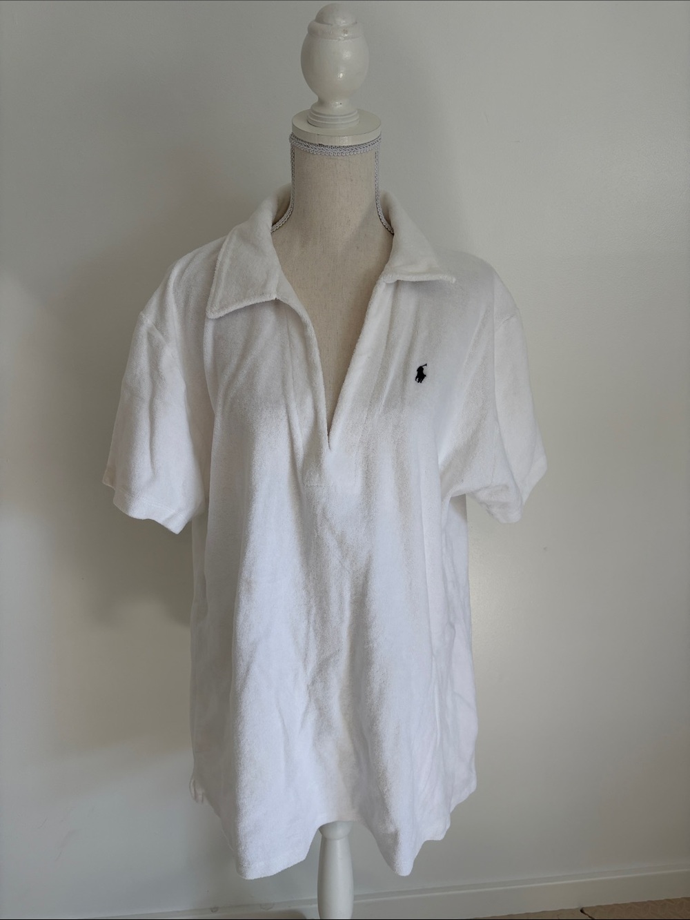 Polo-Style White Terry Short-Sleeve Shirt Medium